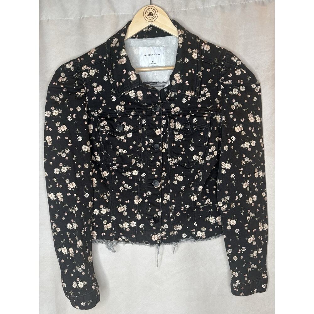 Celebrity Pink Floral Cropped Denim Jacket Puff Sleeve Raw Hem Size M